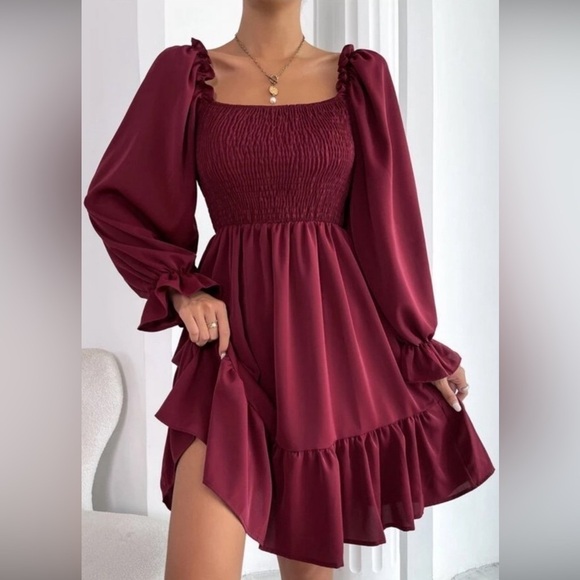 SHEIN Dresses & Skirts - SHEIN Mini Dress Square Smocked Top Babydoll Ruffled Long Sleeve Burgundy Small